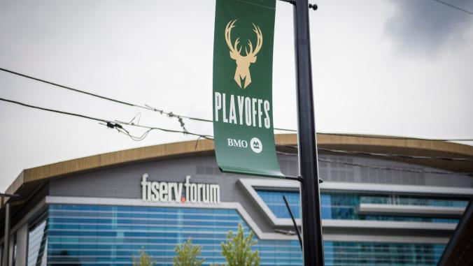 A photo of the exterior of Fiserv Forum in Milwaukee